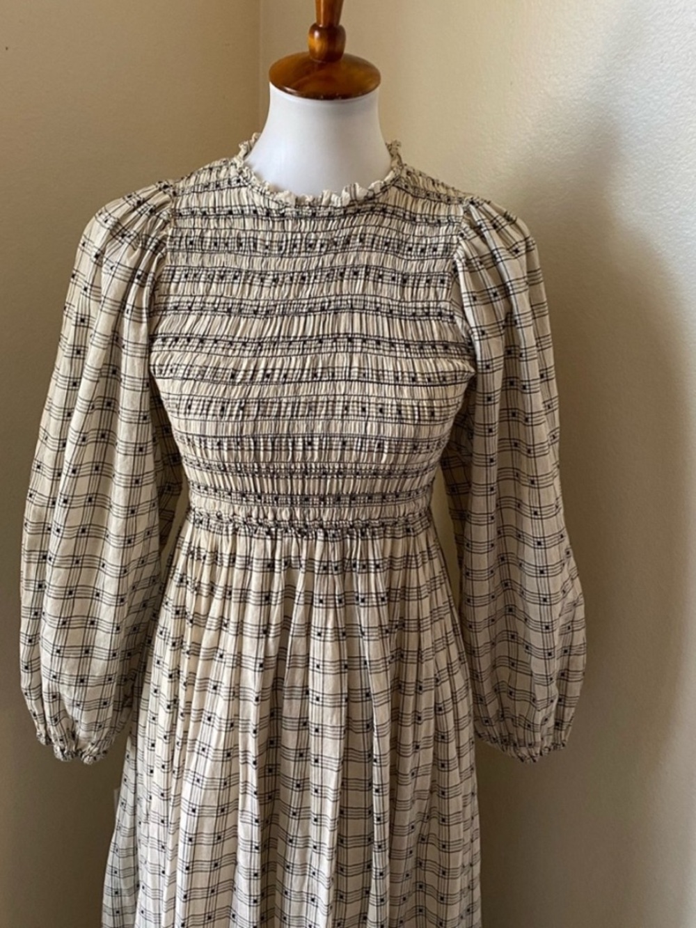 THE GREAT Plaid Midi Long Dress in White Cream Black Cottage core Hill house - Picture 4 of 10